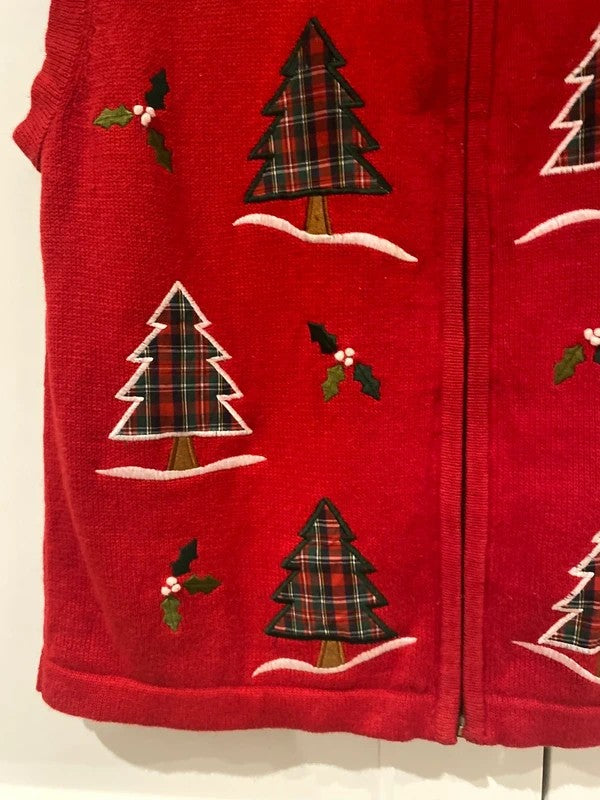 Vintage Southern Lady Red Christmas Tree Zip-Up Waistcoat – Size M
