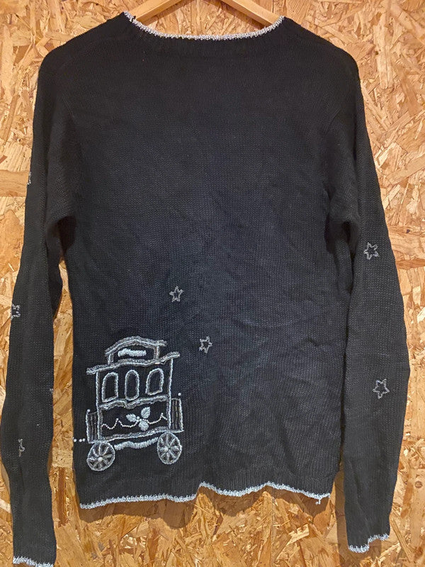Studio Collection Black Christmas Jumper – Beaded Train & Tree Design – Size S