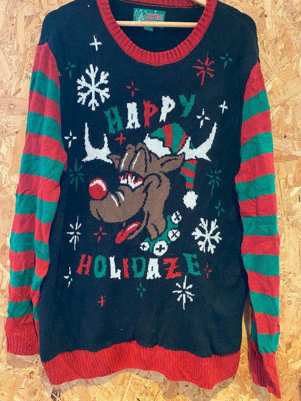 Ugly Christmas Sweater “Happy Holidaze” Reindeer Jumper – Size XXL
