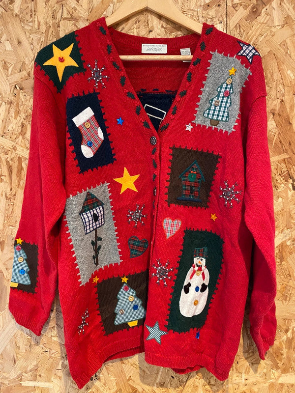 Vintage Lord & Taylor Christmas Sweater – Red Patchwork Appliqué – Size M