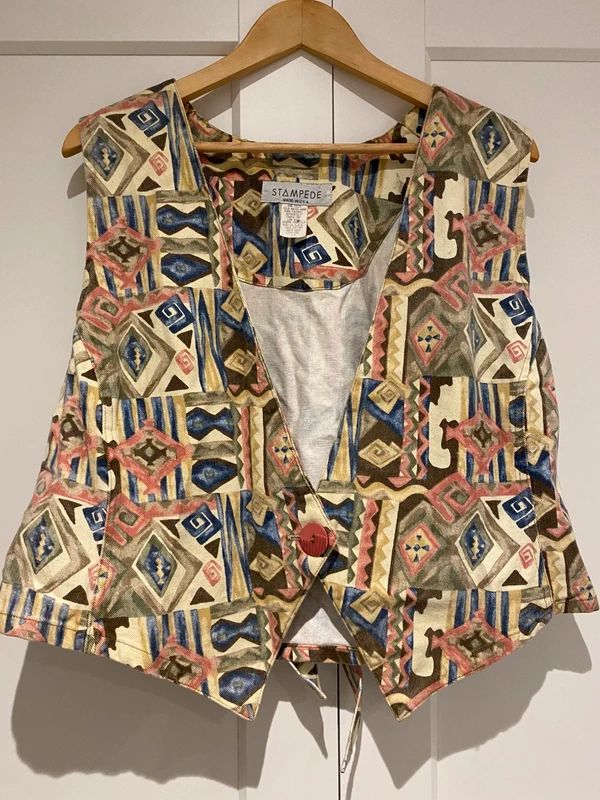 Vintage Stampede Pattern Waistcoat Vest Tie Back Size L