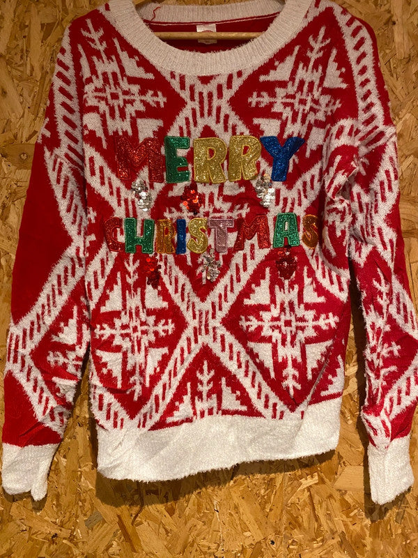Holiday Time Red Sequin “Merry Christmas” Jumper – Size S