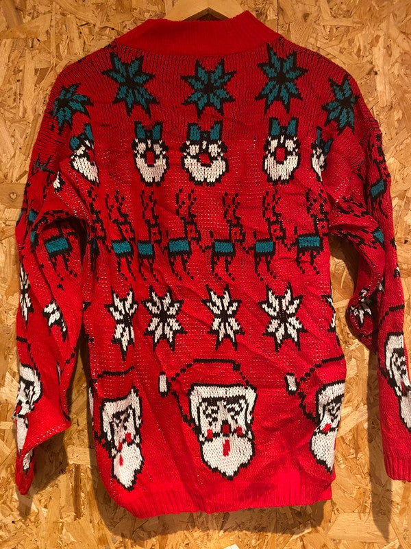 Vintage Croquet Club Red Christmas Sweater – Santa & Reindeer Knit – Size S