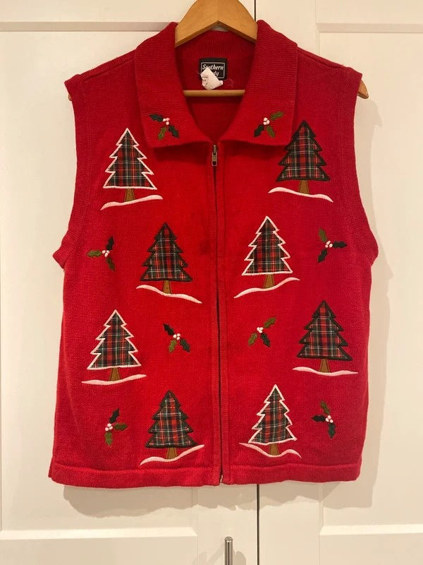 Vintage Southern Lady Red Christmas Tree Zip-Up Waistcoat – Size M