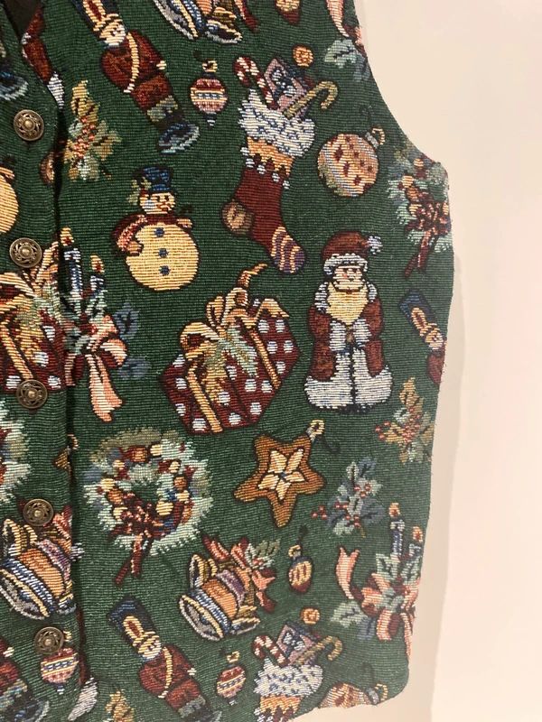 Vintage Christmas Tapestry Waistcoat Festive Santa Snowman Vest XL