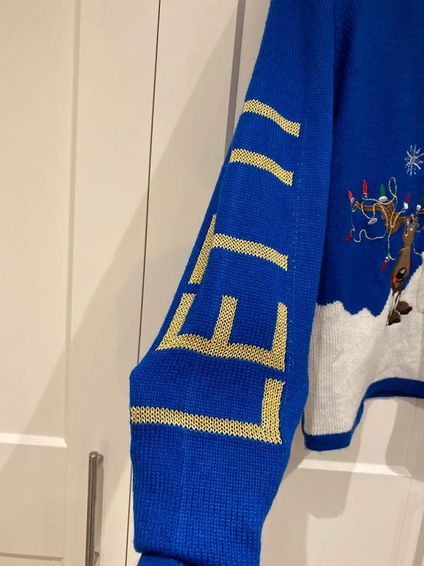 Blue Christmas Jumper Reindeer Tree Sequin Festive Knit UK 12–14