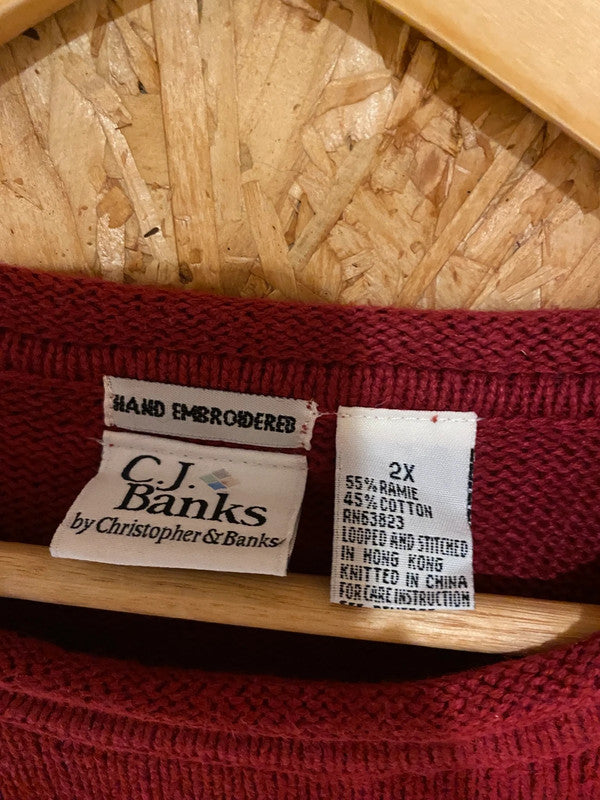 Vintage C.J. Banks Hand-Embroidered Bird Sweater – Burgundy – Size 2X