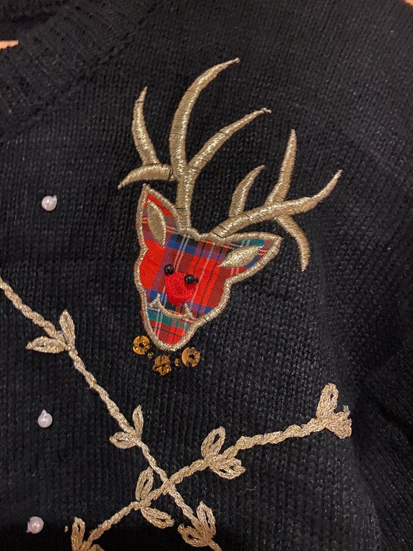 Victoria Harbour Vintage Christmas Jumper – Black Tartan Reindeer (XL)