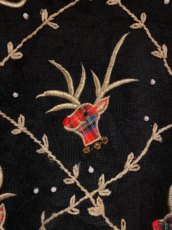 Victoria Harbour Vintage Christmas Jumper – Black Tartan Reindeer (XL)
