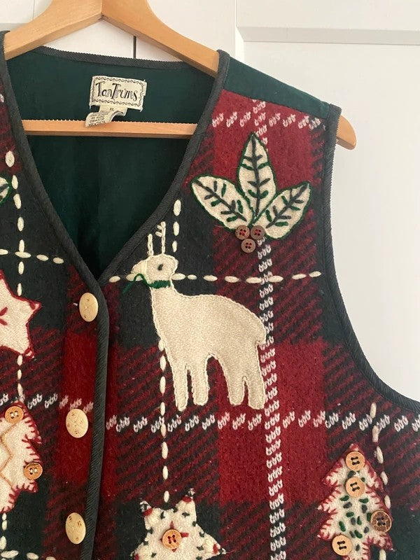 Vintage TanTrums Christmas Waistcoat XL Tartan Reindeer Trees Festive Gilet