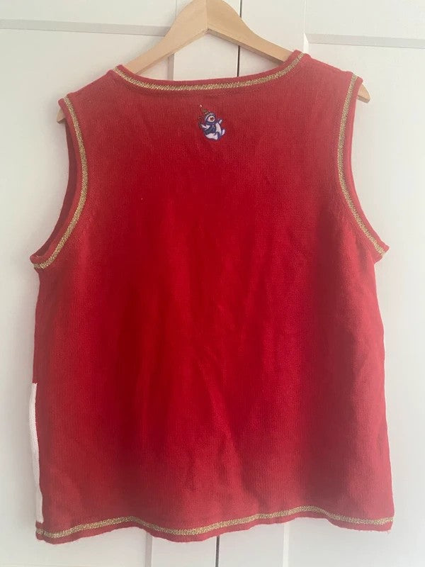Vintage Christmas Jumper Waistcoat Cardigan Red Snowman Tree L/XL UK 16