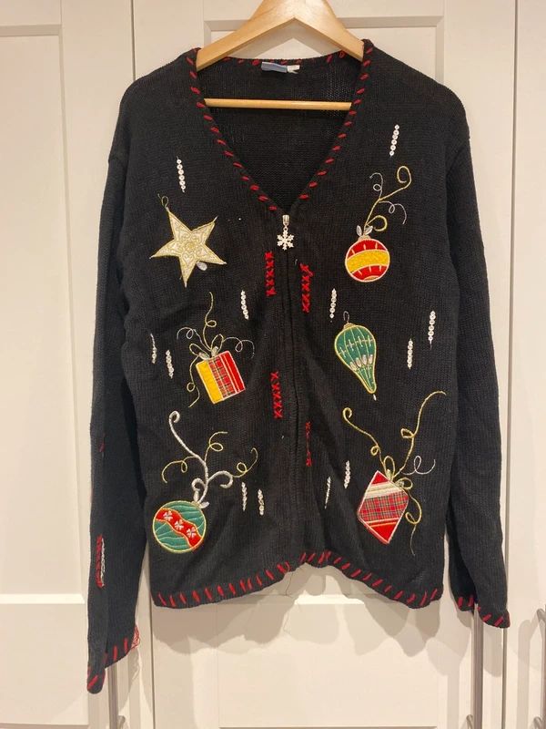 Vintage Christmas Cardigan Black Embroidered Holiday Jumper UK 16