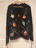 Vintage Christmas Cardigan Black Embroidered Holiday Jumper UK 16