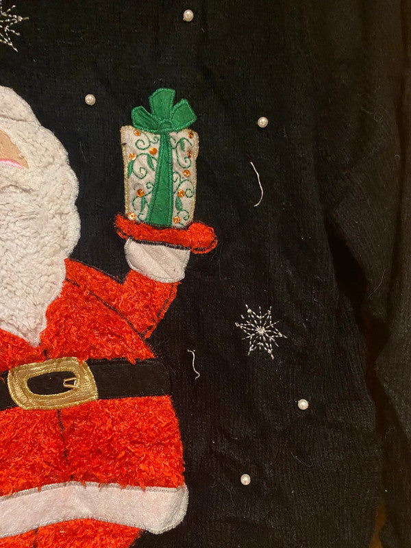 Women’s Santa Christmas Jumper – Black with 3D Appliqué – Size M