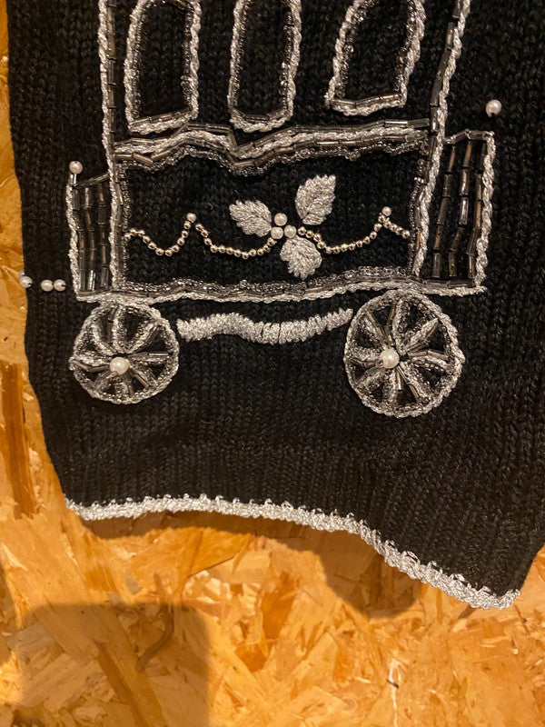 Studio Collection Black Christmas Jumper – Beaded Train & Tree Design – Size S