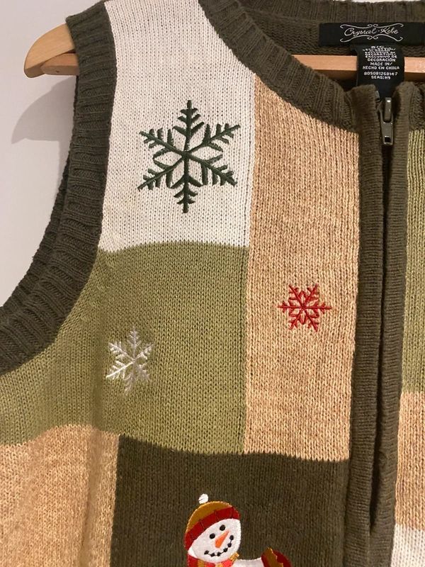 Crystal Kobe Christmas Knit Vest Zip Up Snowman Patchwork UK 10–12