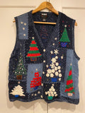 Vintage Christmas Tree Patchwork Knit Vest – XL (Festive / Ugly Christmas Jumper Style)