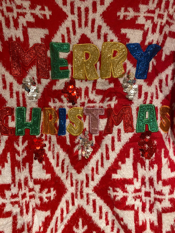 Holiday Time Red Sequin “Merry Christmas” Jumper – Size S