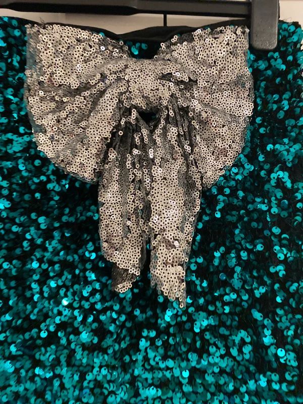 Sequin Mini Skirt XL Teal Green Sparkly Party Skirt Silver Bow Waist Glam