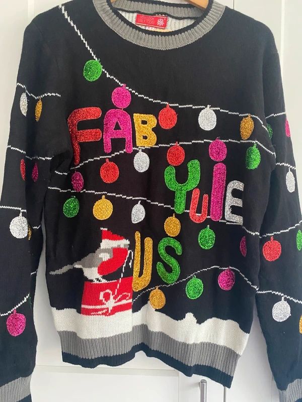 Funny Christmas Jumper “Fab Yuleous” Black Glitter Festive Sweater Size M