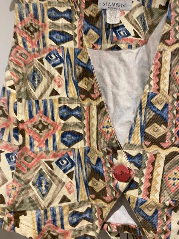 Vintage Stampede Pattern Waistcoat Vest Tie Back Size L