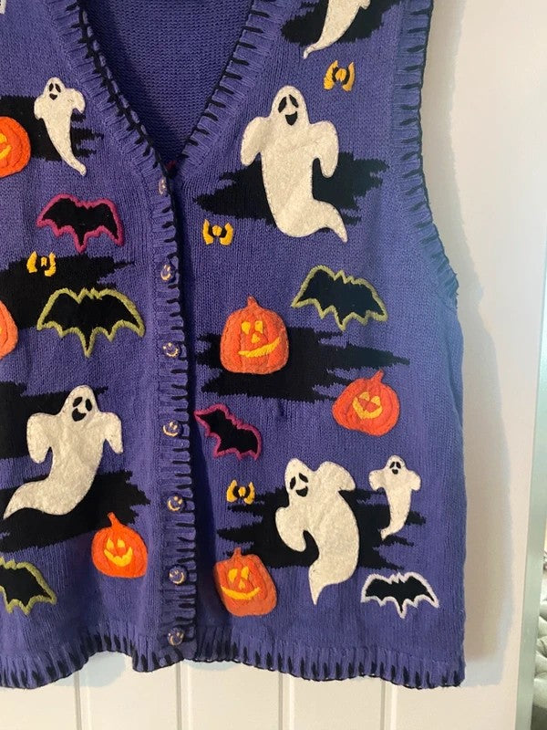 Vintage 2000 Tiara Halloween Knitted Waistcoat XL Ghost Pumpkin Bat Y2K