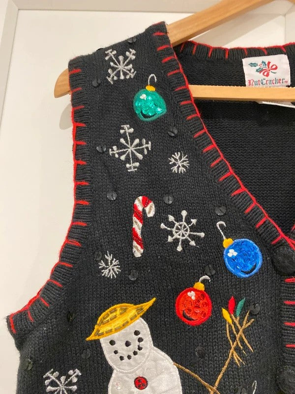 Vintage NutCracker Christmas Snowman Sequin Knitted Waistcoat Vest – Medium