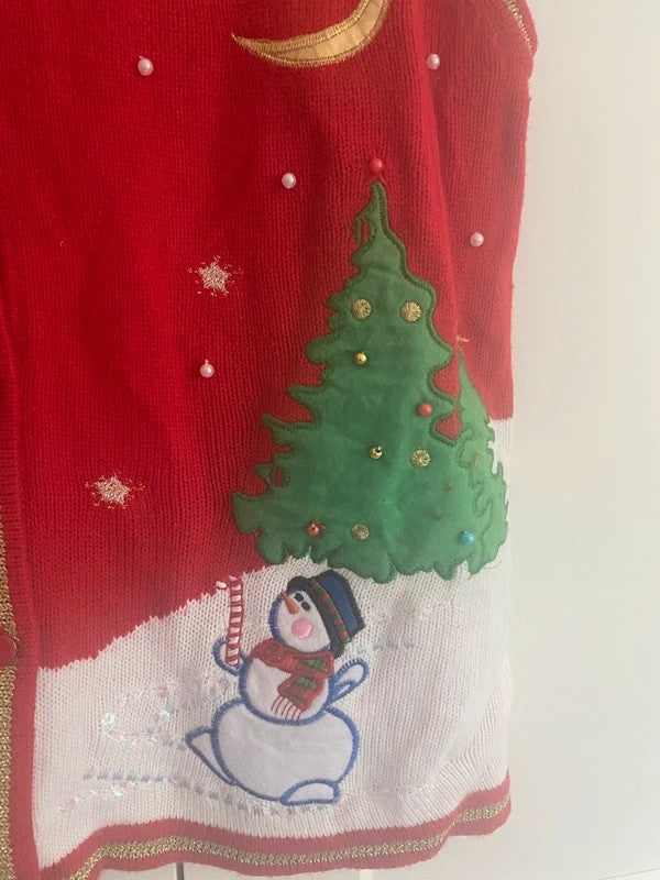 Vintage Christmas Jumper Waistcoat Cardigan Red Snowman Tree L/XL UK 16