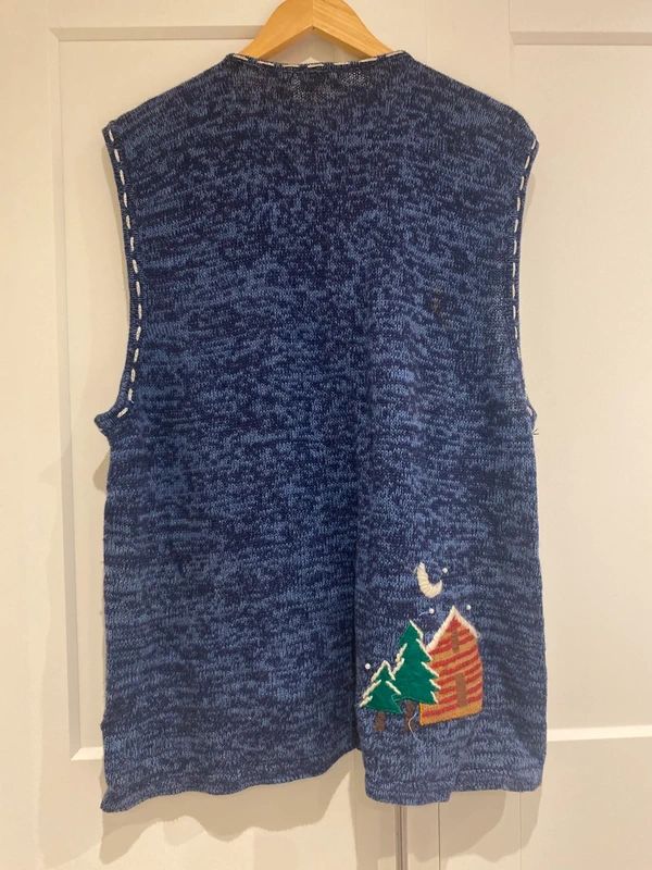 Bobbie Brooks Christmas knit vest reindeer cabin scene zip front XL 16-18