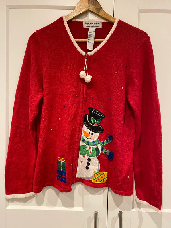 Tiara International Christmas Cardigan – Red Snowman Embroidered Sequin Sweater (Size L)