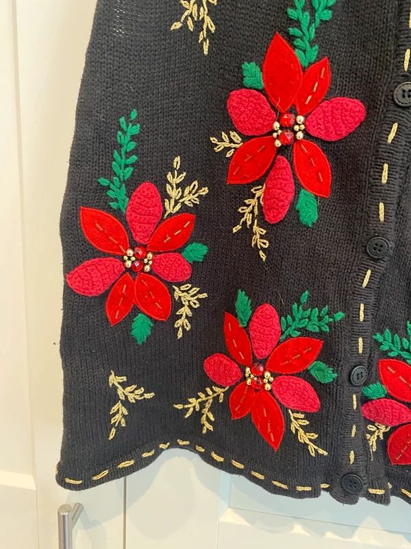 Vintage Bobbie Brooks Christmas Poinsettia Knit Vest Large 12/14 Holiday Sweater