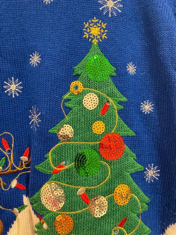 Blue Christmas Jumper Reindeer Tree Sequin Festive Knit UK 12–14