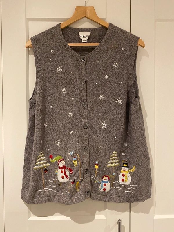 Breckenridge Petite Christmas Snowman Knit Vest Grey UK 16
