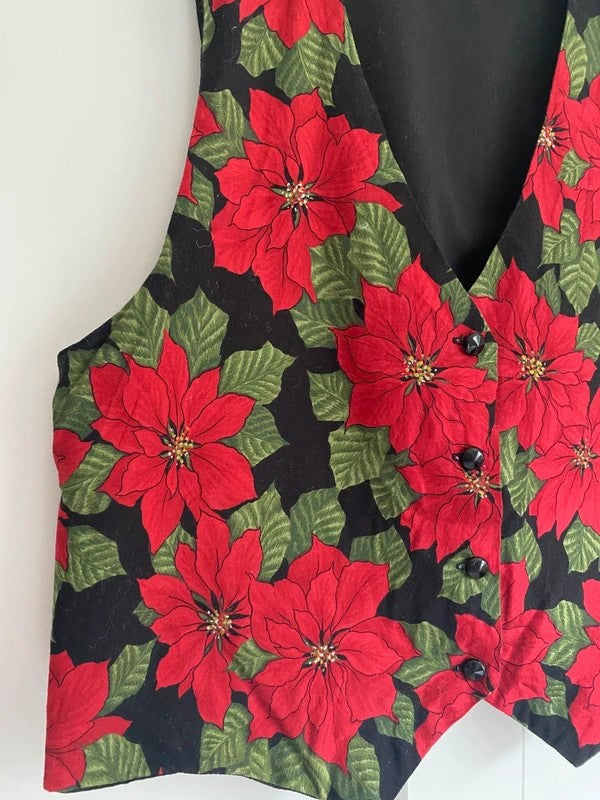 Handmade Reversible-Style Christmas Poinsettia Waistcoat UK 14-16