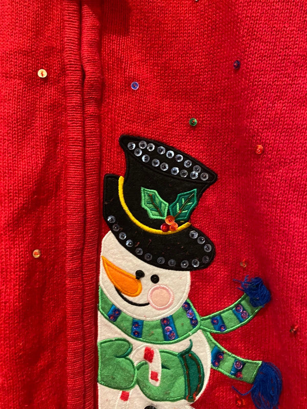Tiara International Christmas Cardigan – Red Snowman Embroidered Sequin Sweater (Size L)