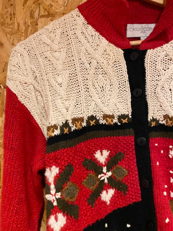 Vintage Casual Corner Christmas Cardigan Sweater – Cottage & Tree Design – Size L
