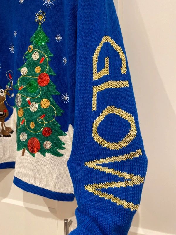 Blue Christmas Jumper Reindeer Tree Sequin Festive Knit UK 12–14