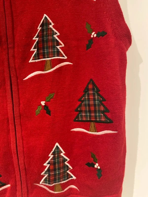 Vintage Southern Lady Red Christmas Tree Zip-Up Waistcoat – Size M