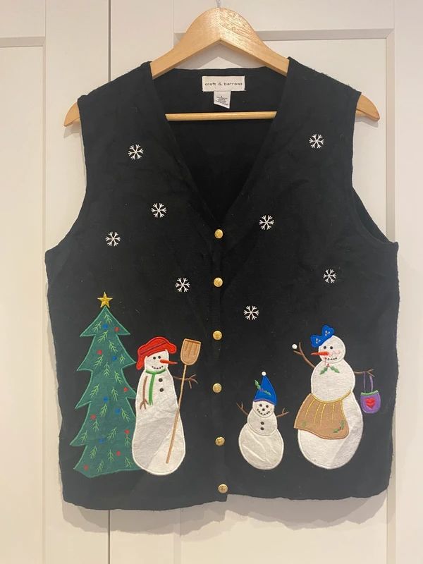 Vintage Croft & Barrow Christmas Snowman Sweater Vest Black Size L