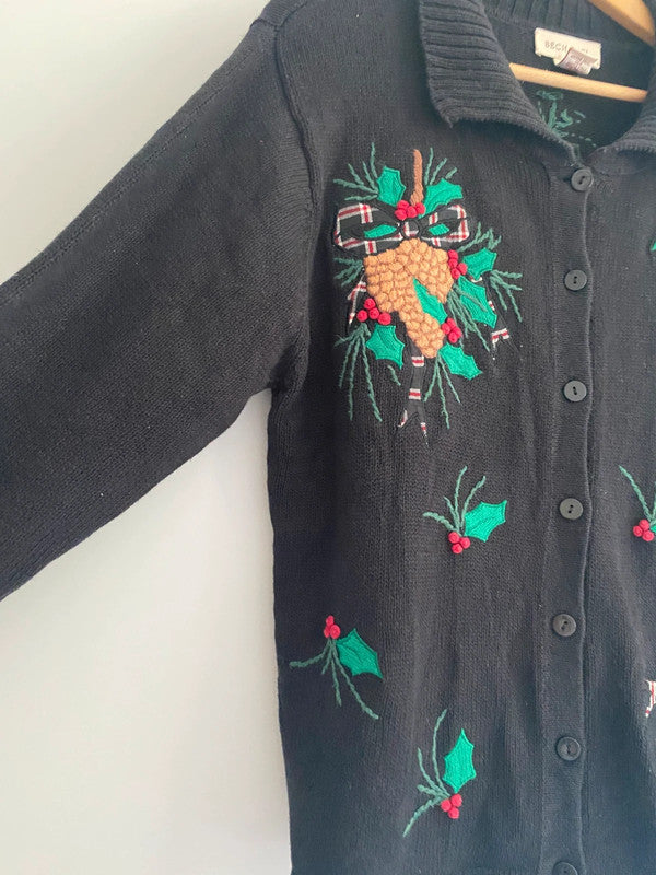 Vintage Bechamel Christmas Embroidered Cardigan – Black, Size M
