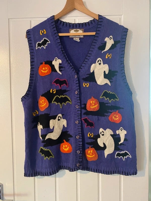 Vintage 2000 Tiara Halloween Knitted Waistcoat XL Ghost Pumpkin Bat Y2K