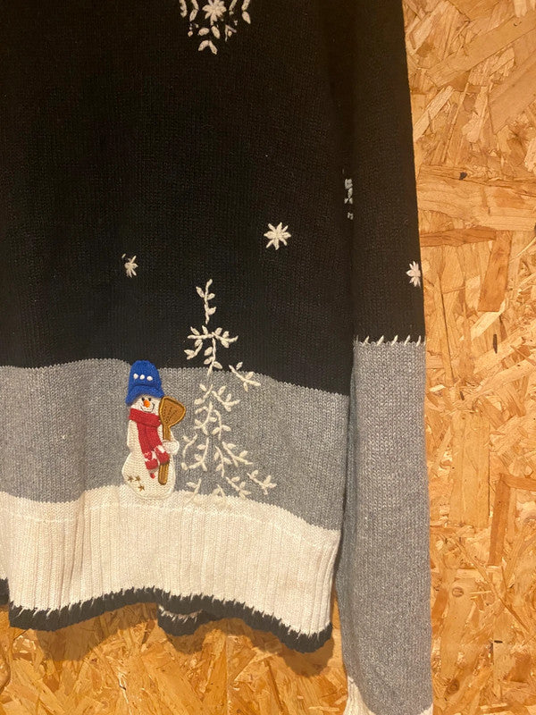 Dressbarn Christmas Cardigan – XL Black Grey White Snowman Knit Zip Up