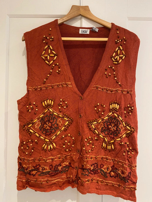 Vintage Lucia Boho Beaded Embroidered Vest Cardigan – Rust – Size L