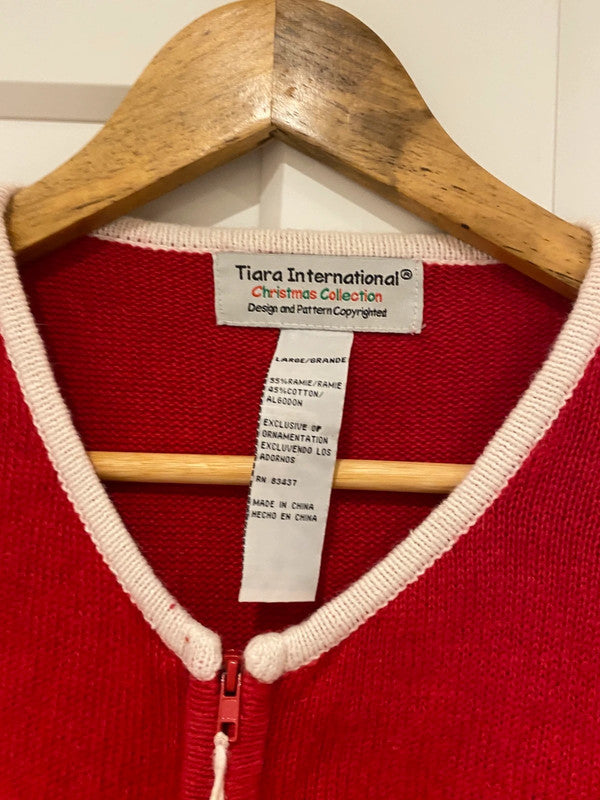 Tiara International Christmas Cardigan – Red Snowman Embroidered Sequin Sweater (Size L)