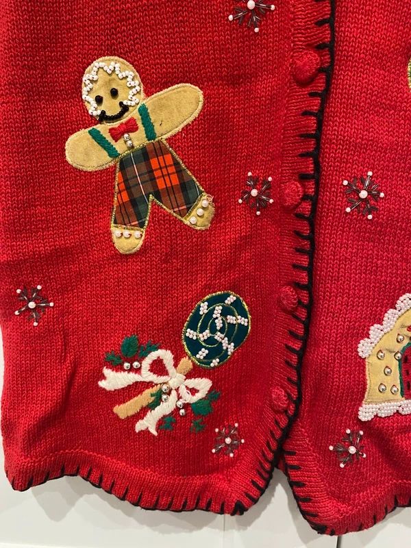 Vintage Christmas Knit Vest Gingerbread Candy Cane Festive Jumper UK 16