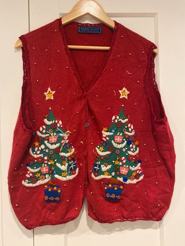 Karen Scott Christmas Tree Vest Red Embroidered Sequin XL (Fits 16)