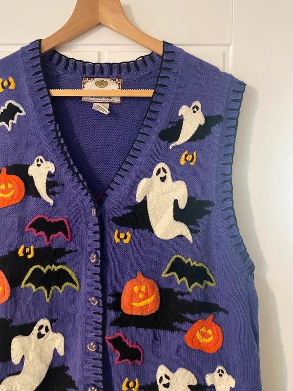 Vintage 2000 Tiara Halloween Knitted Waistcoat XL Ghost Pumpkin Bat Y2K