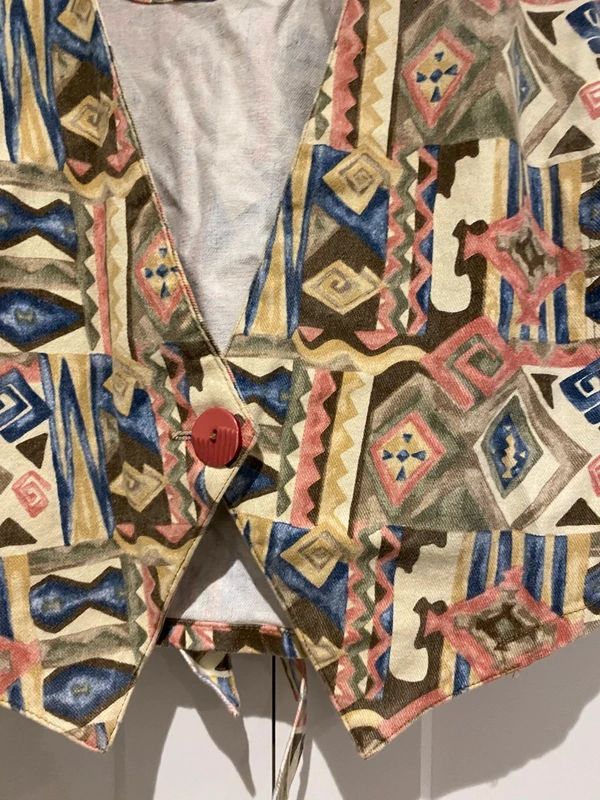 Vintage Stampede Pattern Waistcoat Vest Tie Back Size L