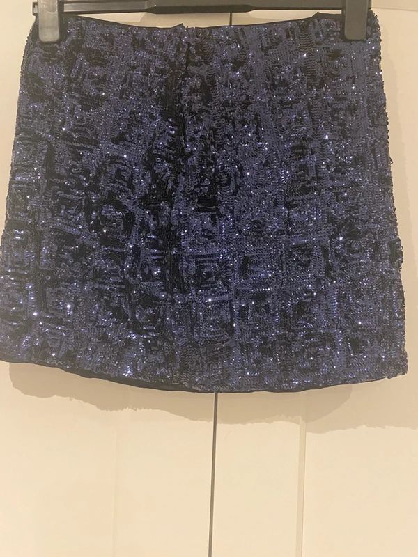 Navy Sequin Mini Skirt Geometric Pattern Party Festival Skirt UK 10