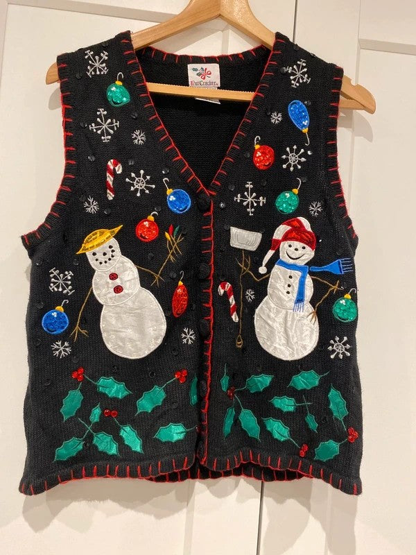 Vintage NutCracker Christmas Snowman Sequin Knitted Waistcoat Vest – Medium